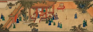 宣德年间（1426-1435）水彩丝绸手卷。“宣德皇帝宫殿游戏图”画的是皇帝正在玩投箭游戏的情景。（大英博物馆提供）