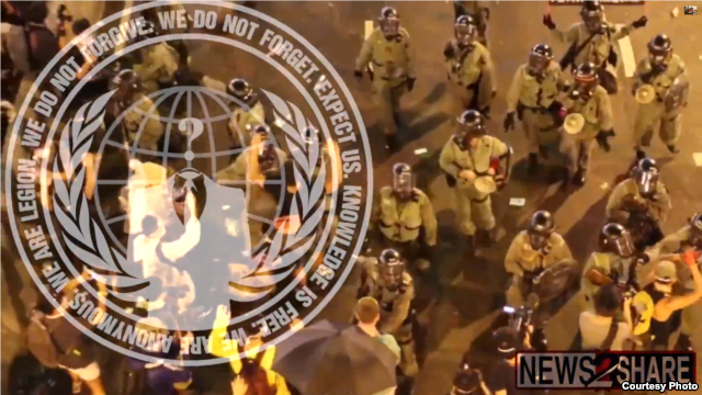 国际黑客组织匿名者(Anonymous)发布带有其徽标的视频，向香港政府宣战。（2014年10月2日）