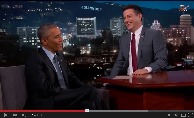 美国总统奥巴马日前在《吉米‧金莫直播秀》中笑称，外星人严格控制着人类。（视频撷图）