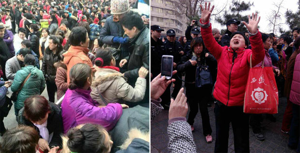 2015年3月15日，陕西省西安市大批的集资受害者在闹市区集会诉求。有集资受害者情绪激动，在现场高叫。(现场人士摄)