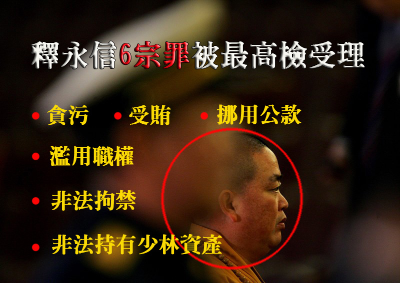 日前陆媒披露，中共最高检察院已受理对少林寺方丈释永信的实名举报，举报包括贪污、挪用公款、受贿等六项内容。（大纪元合成图）