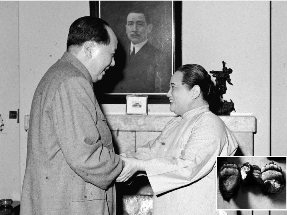 中共建国后，宋庆龄也对毛泽东的很多政策感到不满，并且在对毛规劝未果后一度考虑离开中国。图为1961年，毛泽东在上海接见宋庆龄，小图为毛泽东送给宋庆龄的熊掌