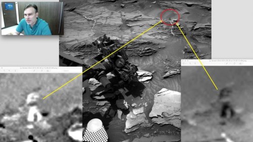 “UFO每日观察”网站编辑华林在分析火星照片上的人形物体。（视频截图）