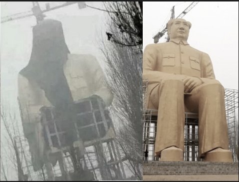 中国河南新建的最大毛泽东塑像1月7日被拆除，引起民众围观讨论。（图片：看中国合成）
