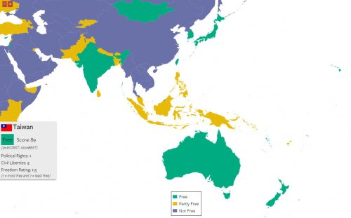 台湾在亚太地区自由度获得仅次于日本的第二名。（图／翻摄自“自由之家”网站）