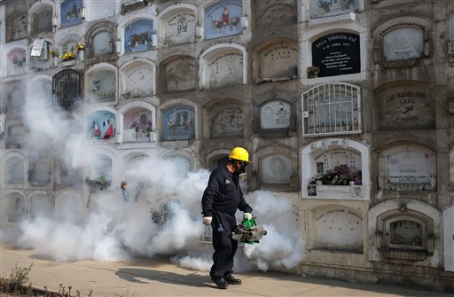 图为秘鲁卫生当局一日派员到首都利马郊区的公墓消毒，预防兹卡病毒扩散。美联社
