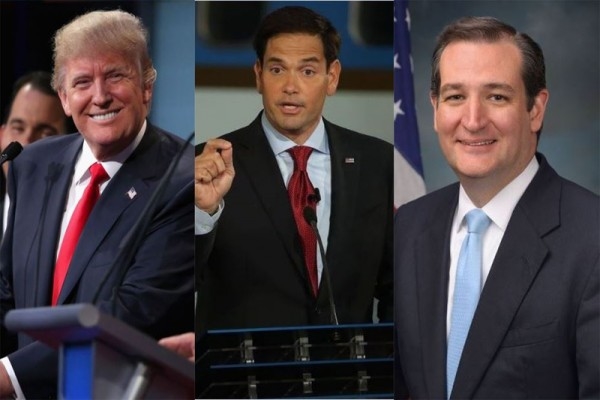 美国共和党的三位参选人（由左至右）：川普（Donald Trump），卢比奥（Marco Rubio），科鲁兹（Ted Cruz）（大纪元合成图）