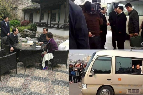胡锦涛日前回乡泰州后，江苏省省长石泰峰（左图左一）到胡锦涛住处拜访。（网络图片）