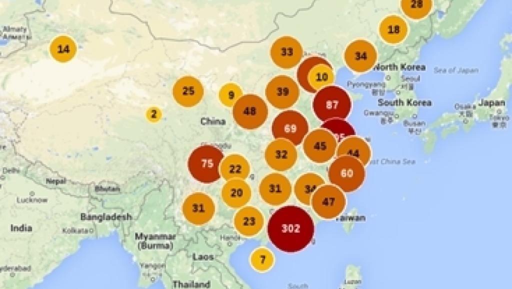 中国各地罢工事件不断增多 图为中国网络公布的罢工事件多发区分布图网络照片