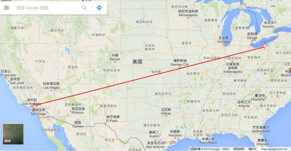 相距约3700公里的两个目击地点的示意图（谷歌地图截图）