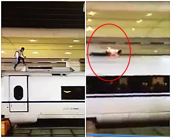 广州一男子攀上一列高铁车顶奔跑，结果遭高压电缆绊倒，身体着火当场烧死。（网络图片）