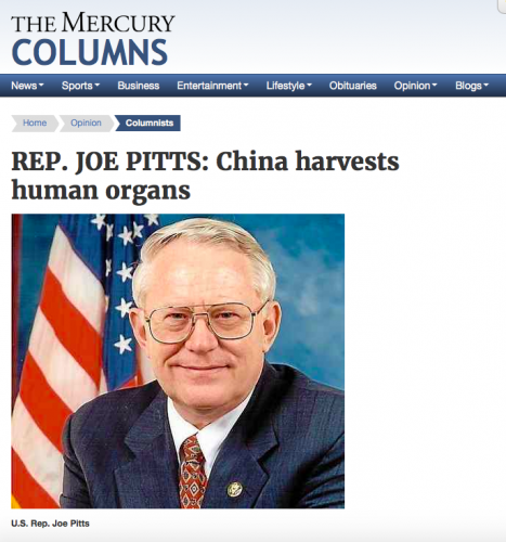 美国联邦众议员乔．皮茨（Joe Pitts）在美媒The Mercury撰文，痛批中共前卫生部副部长黄洁夫所谓停止从被关押的人士身上摘取器官的说法只是“骗人的把戏”。（网页截图）