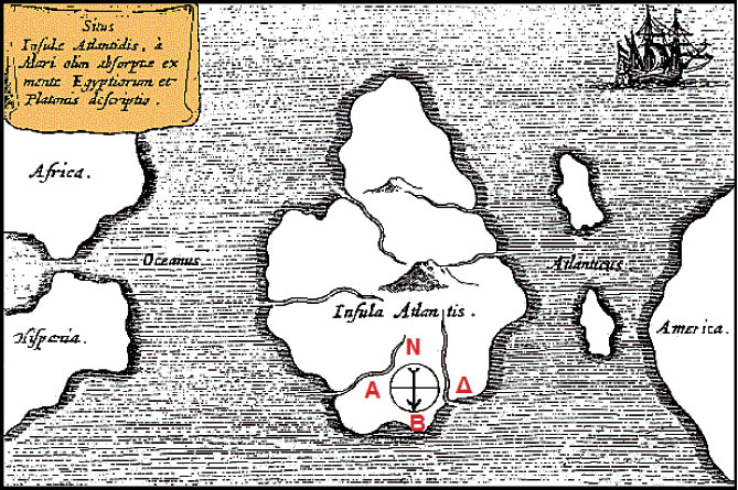 阿塔纳斯．珂雪描绘的亚特兰提斯地图（1669年），位于大西洋中部，上方是南方，左边是非洲和欧洲南部，右边是美洲。（维基百科）