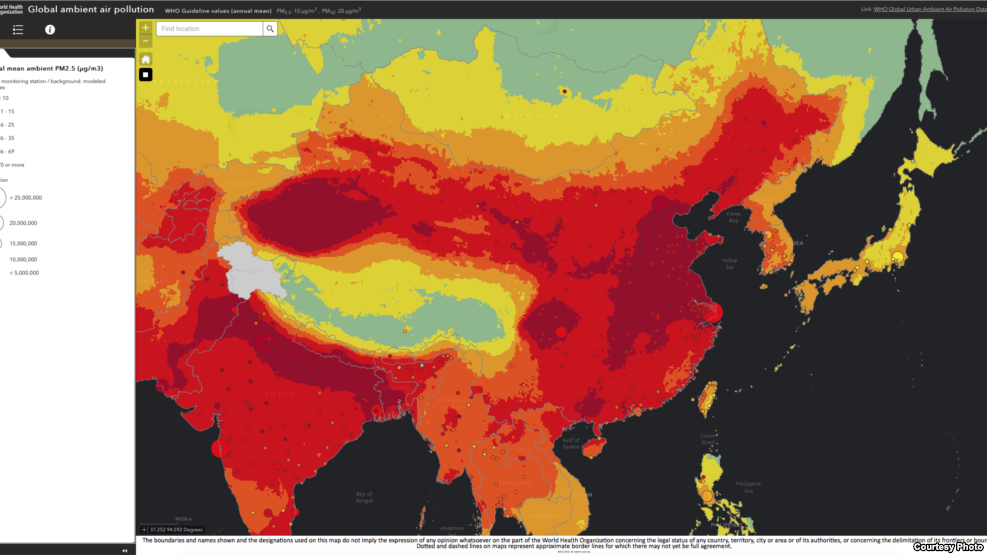 世界卫生组织近日发布的全球空气污染PM2.5指数互动图显示，中国、印度恒河平原等地带污染程度最高。