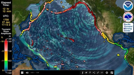 科学家分析美国西部的地质断层，预测一旦发生地震会造成毁灭性海啸。（《每日邮报》视频截图）