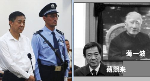 左图：江泽民的主要帮凶之一薄熙来被逮捕审判。右图：薄氏父子双手沾满中国人民的鲜血。（网络图片）