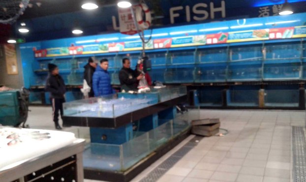 北京永辉超市内，活鱼下架，鱼缸无鱼。（志愿者提供/记者乔龙）