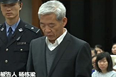 11月24日，杨栋梁受贿案开审。杨被指是周永康石油帮人马，他任天津副市长期间，常到北京给周永康过生日。（网络截图）