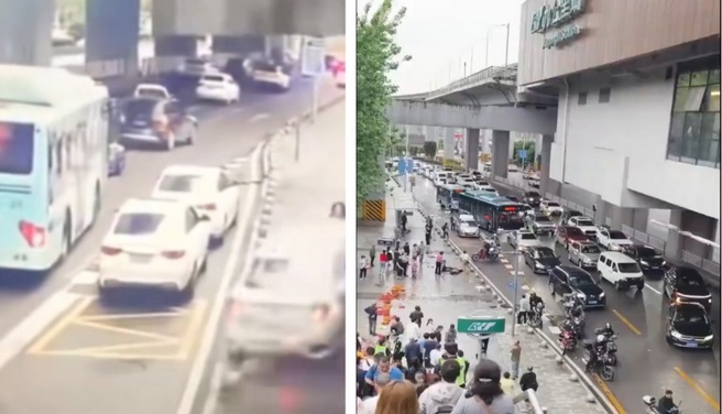 重庆轿车冲上公交站台   撞倒路人一片